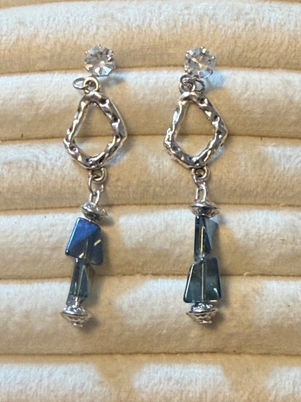 Midnight Tide – Blue Geometric & Silver-Tone Dangle Earrings